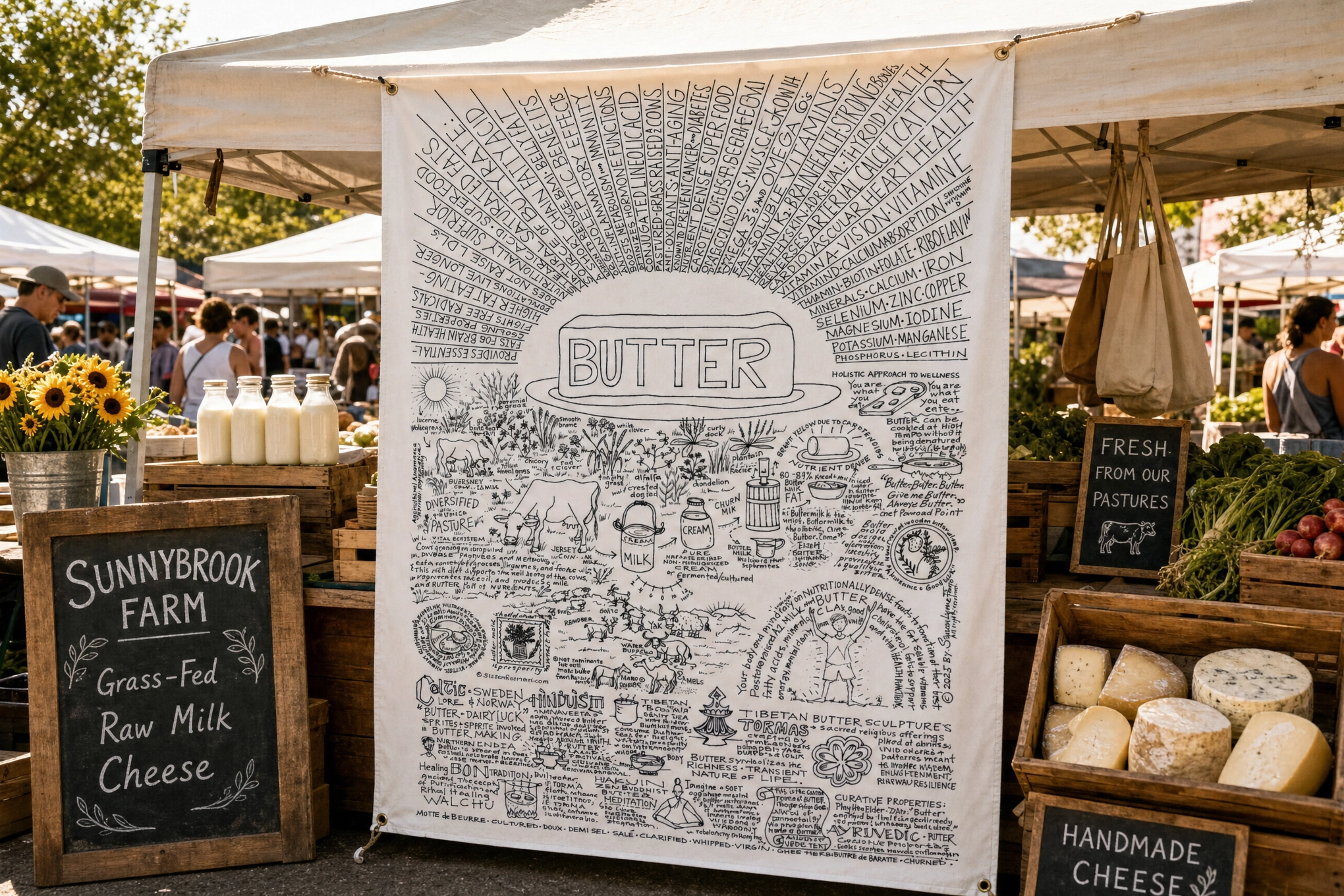 Butter educational poster displayed at a farmers market booth alongside raw milk and artisan cheese