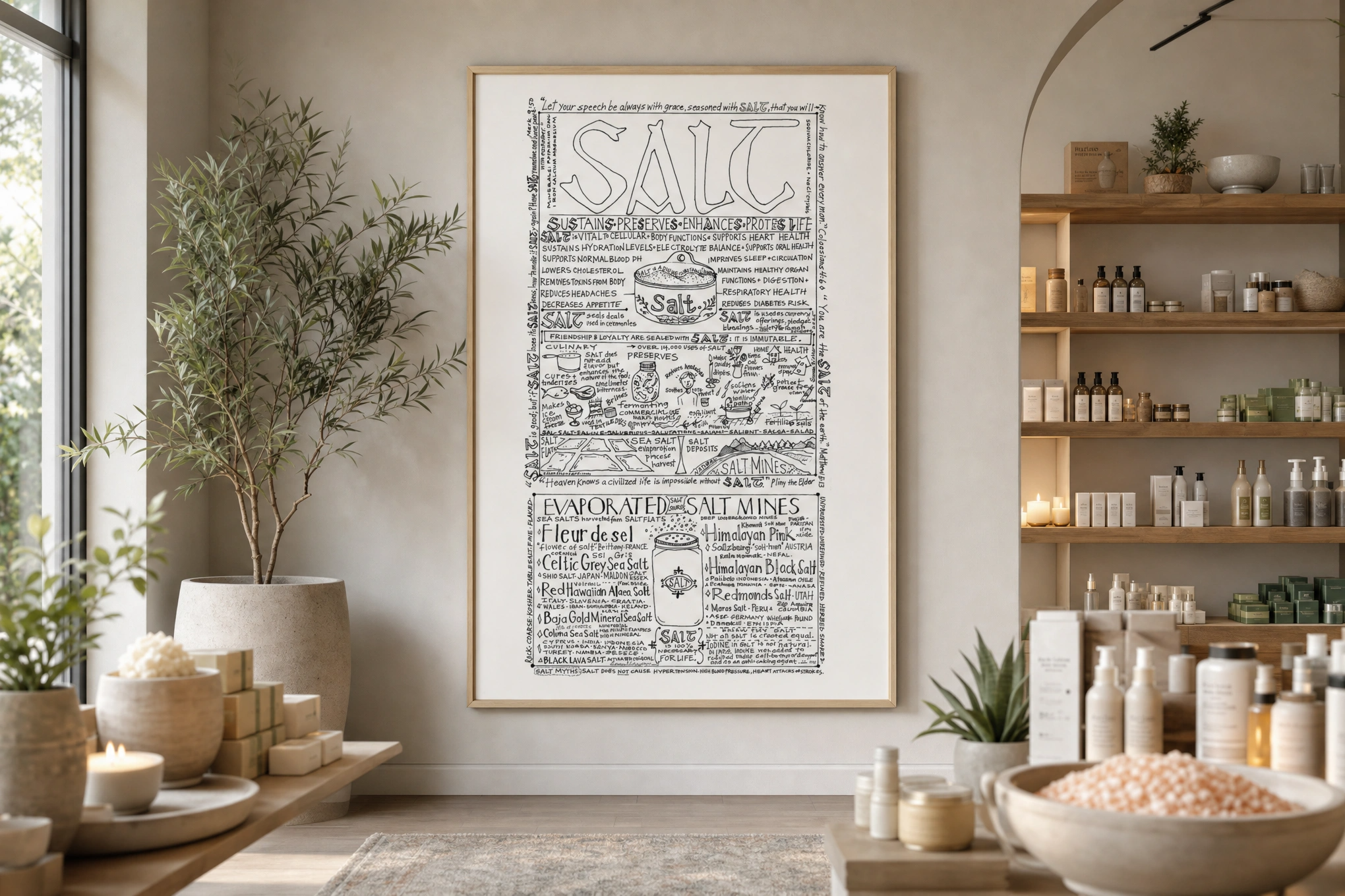 Salt infographic art framed in a natural wellness shop surrounded by artisan products and candles